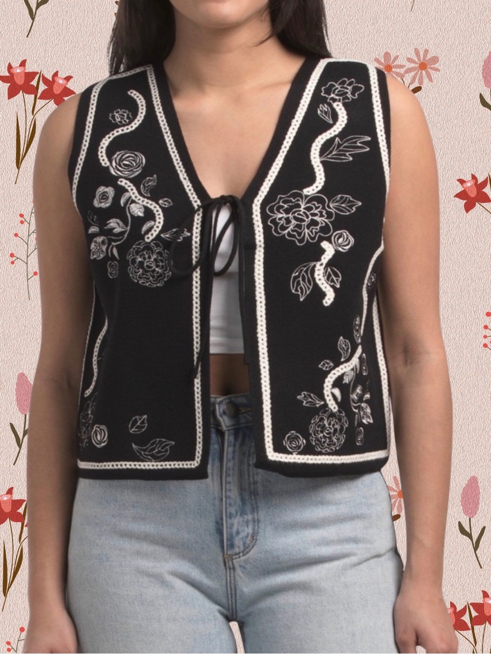 Women  DRIFTWOOD ravishing embroidered rosettes romantic black vest white medium